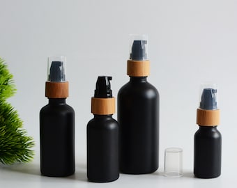 1-500pcs 0.5oz 1oz 15ml 30ml 50ml 100ml Matte Black Glass Lotion Serum Treatment Pump Bottle, Eco-friendly Natural Bamboo Pump Bottle, Bulk
