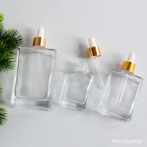 1oz 30ml 50ml 100ml Clear Glass Square Glass Dropper Bottles in Gold Cap, DIY Skincare Perfume Serum Herb Essential Oil Bottle, Wholesale