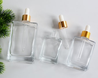 1oz 30ml 50ml 100ml Clear Glass Square Glass Dropper Bottles in Gold Cap, DIY Skincare Perfume Serum Herb Essential Oil Bottle, Wholesale