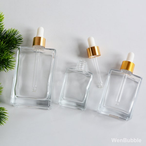 1oz 30ml 50ml 100ml Clear Glass Square Glass Dropper Bottles in Gold Cap, DIY Skincare Perfume Serum Herb Essential Oil Bottle, Wholesale