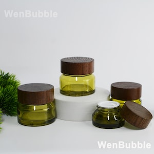 1-200pcs 15g 30g 50g Natural Wooden Olive Green Glass Cream Jar Container, Skin Care Facial Lotion Treatment Cream Bottle Pot, Wholesale