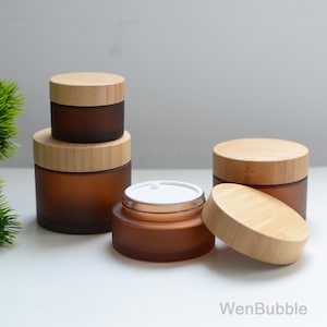 1-100pcs 50g 100g 150g 200g Natural Bamboo Matte Amber Glass Cream Jar Container, Facial Body Butter Scrub Conditioner Container, Wholesale