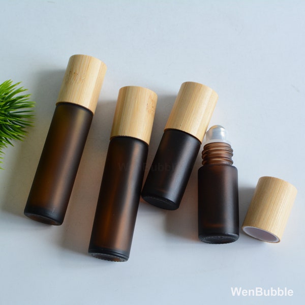 1-500pcs 5ml 10ml Bamboo Wooden Frosted Amber Glass Roll On Bottle, Essential Oil Roller Bottle, Wholesale