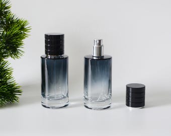 1-100 botellas de spray de niebla fina de perfume de vidrio degradado azul y negro de 50 ml, botella de spray de aceite aromático, venta al por mayor