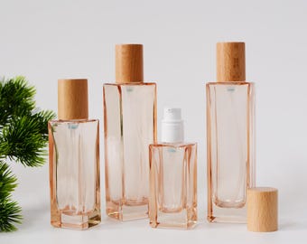 2000-5000pcs 30ml 50ml 100ml 120ml Square Orange Color Glass Lotion Serum Pump Bottle, Beauty Skin Wooden Treatment Pump Bottle, Wholesale