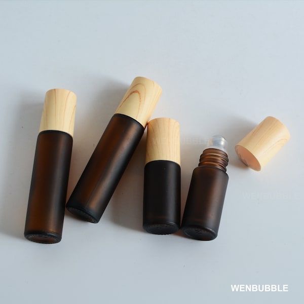 1-1000pcs 5ml 10ml Matte Amber Glass Essential Oil Roller Bottle, Wood Grain Bamboo Look Lip Care Herb Oil Roll On Ball Bottle, Wholesale