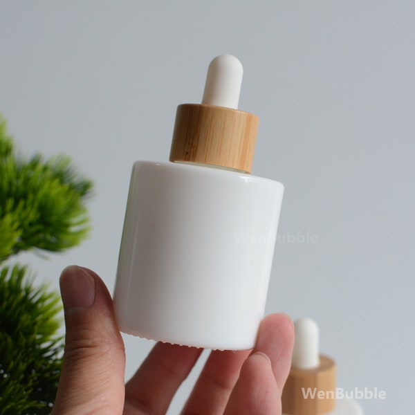 1-200px 30ml 60ml 1oz 2oz White Glass Bamboo Essential Oil Dropper Bottle, Flat Shoulder Cylinder Opal White Serum Pipette Bottle, Wholesale