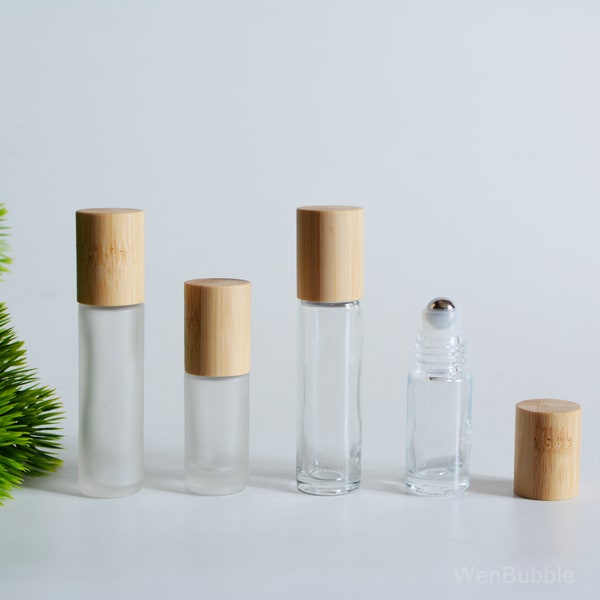 1-500pcs 5ml 10ml Bamboo Wooden Clear Frosted Glass Essential Oil Roller Bottles, Portable Perfume Lip Care Oil Roller, Roll On Ball Bottle