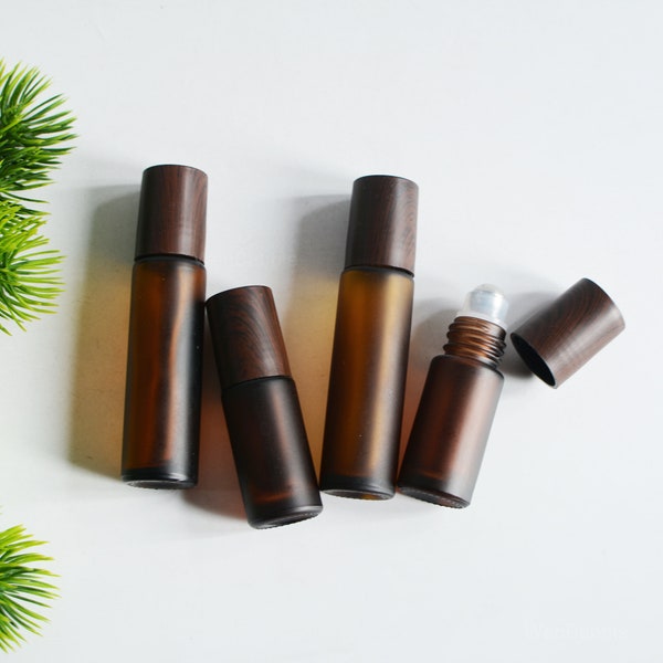 1-500pcs 5ml 10ml Wooden Looking Frosted Amber Glass Roll On Bottle, Essential Oil Roller Bottle, Plastic Lids, Wholesale