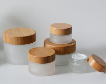 1-200pcs 15g 30g 50g 100g 150g 200g Natural Bamboo Wooden Frosted Glass Cream Jar Container, Facial Body Balm Butter Scrub Jar, Wholesale