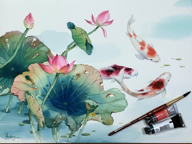 Wall D\u00e9cor Gift Artwork Koi Fish Lotus Flowers Original Art Watercolor Painting Flower Artwork