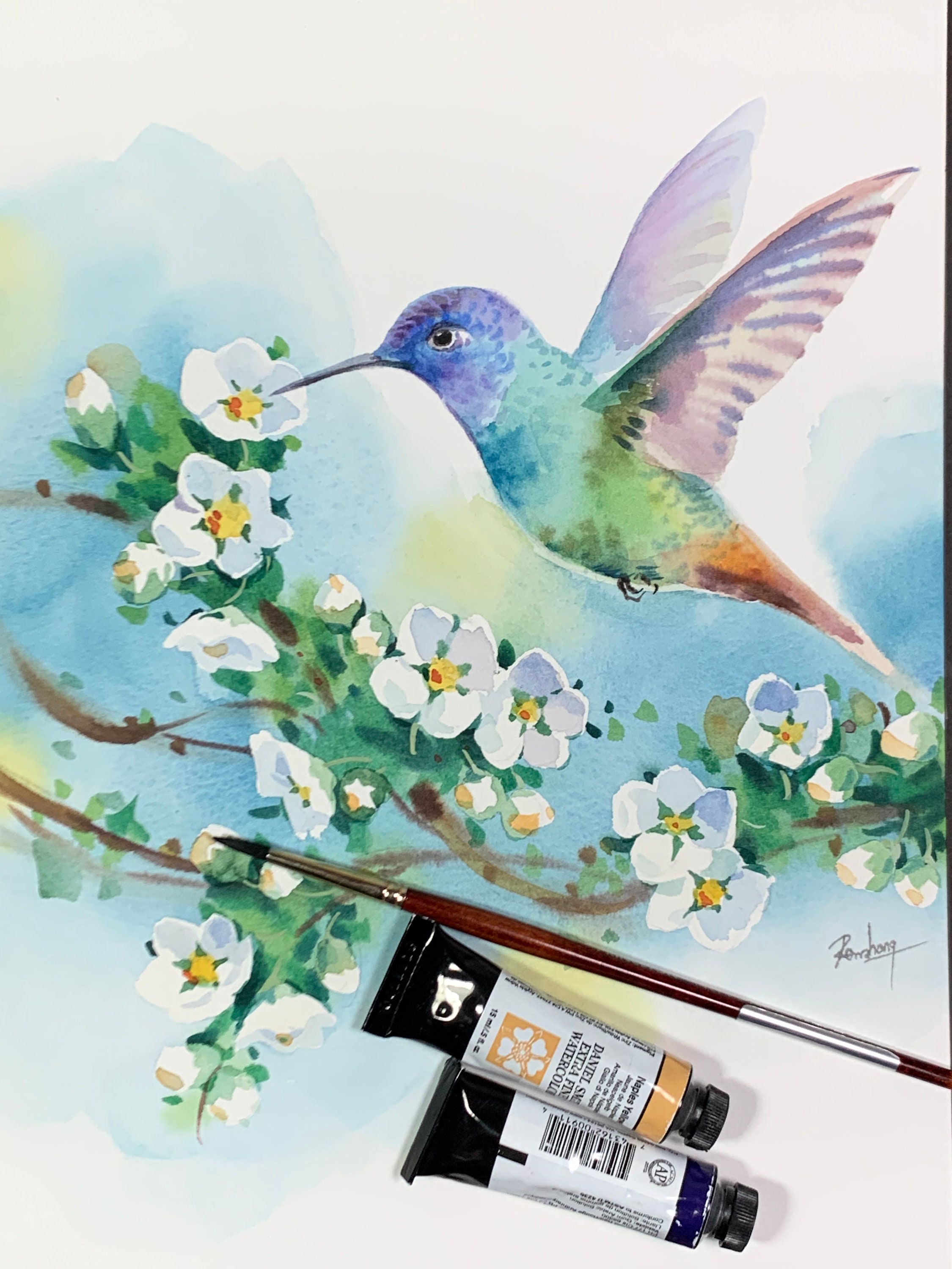 Hummingbird White Flower Original Art Watercolor Painting Etsy