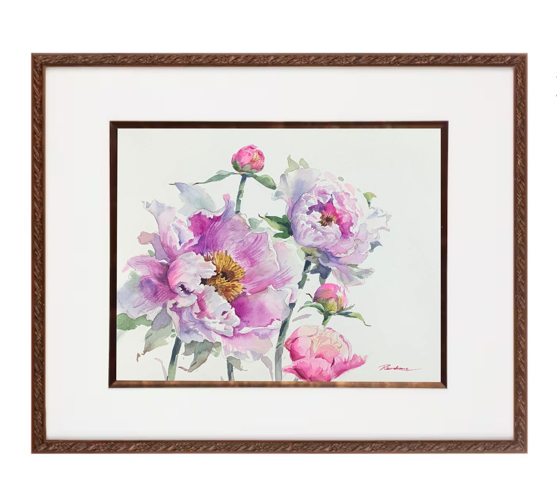 Peony Flowers Original Art Watercolor Painting Flower Etsy