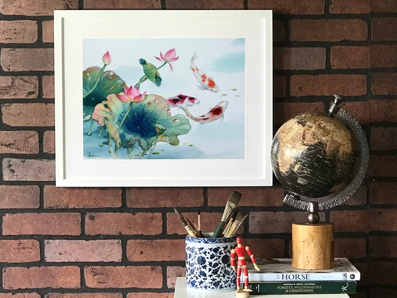 Wall D\u00e9cor Gift Artwork Koi Fish Lotus Flowers Original Art Watercolor Painting Flower Artwork