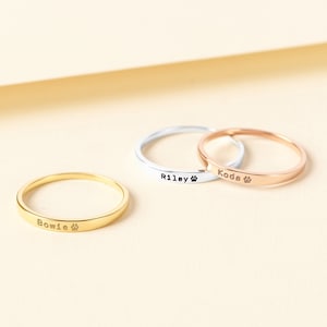 Dog Ring, Pet Memorial Ring, Personalized Pet Name Ring, Paw Print Ring, Cat Lover Birthday Gift, Loss of Pet gift, Stackable Name Rings