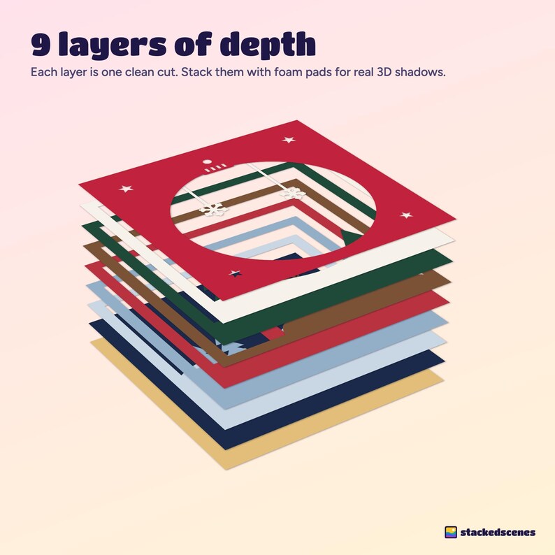 The nine cardstock layers of the bauble shadow box fanned out in 3D, from the gold backing to the red bauble frame.