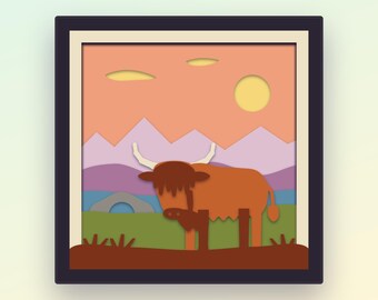 Highland Cow Shadow Box SVG, 10 Layer 3D Papercut for Cricut, Scottish Coo Light Box Cut File, Loch Glen Heather Scene