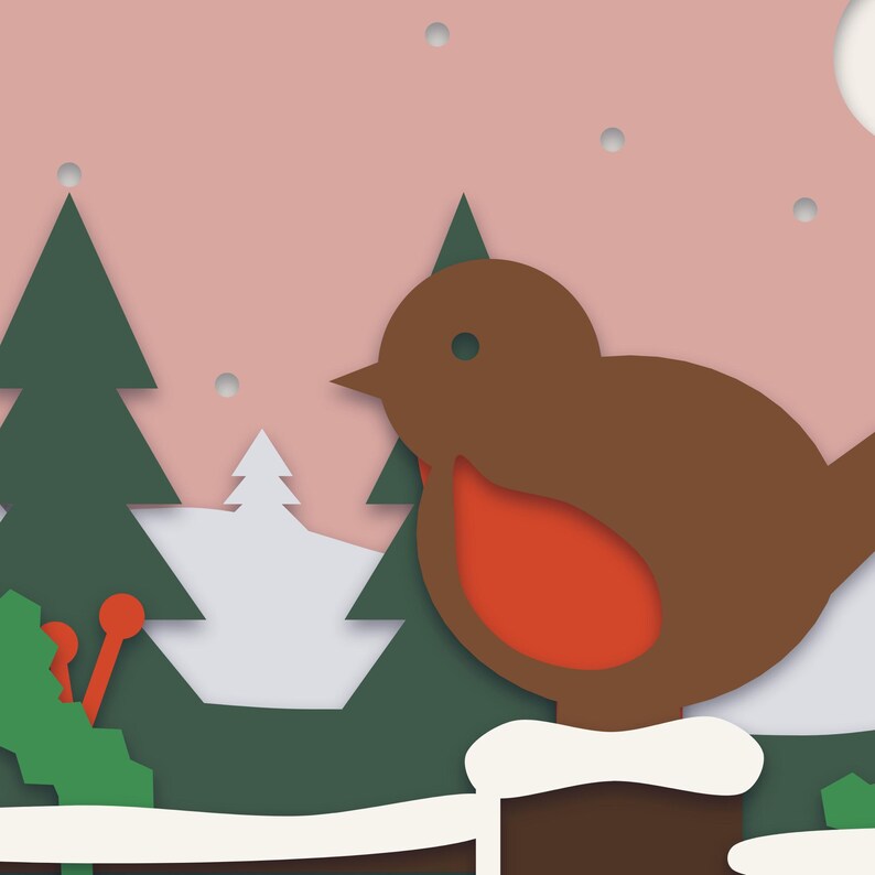 Close-up of the robin's red breast and the snowy fence post, showing the depth and shadows between the paper layers.