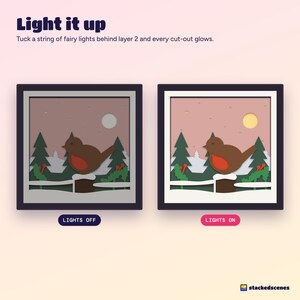 Side-by-side of the robin shadow box with the lights off and with fairy lights on, showing the sun and snowflakes glowing.