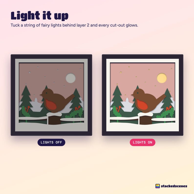 Side-by-side of the robin shadow box with the lights off and with fairy lights on, showing the sun and snowflakes glowing.