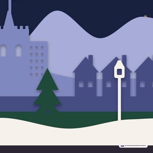 Close-up of the castle tower, cottages and lamp post showing the layered depth and shadows between the paper layers.
