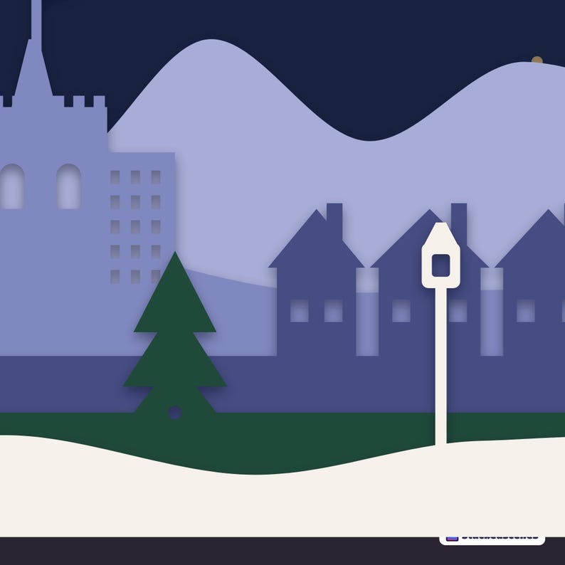 Close-up of the castle tower, cottages and lamp post showing the layered depth and shadows between the paper layers.