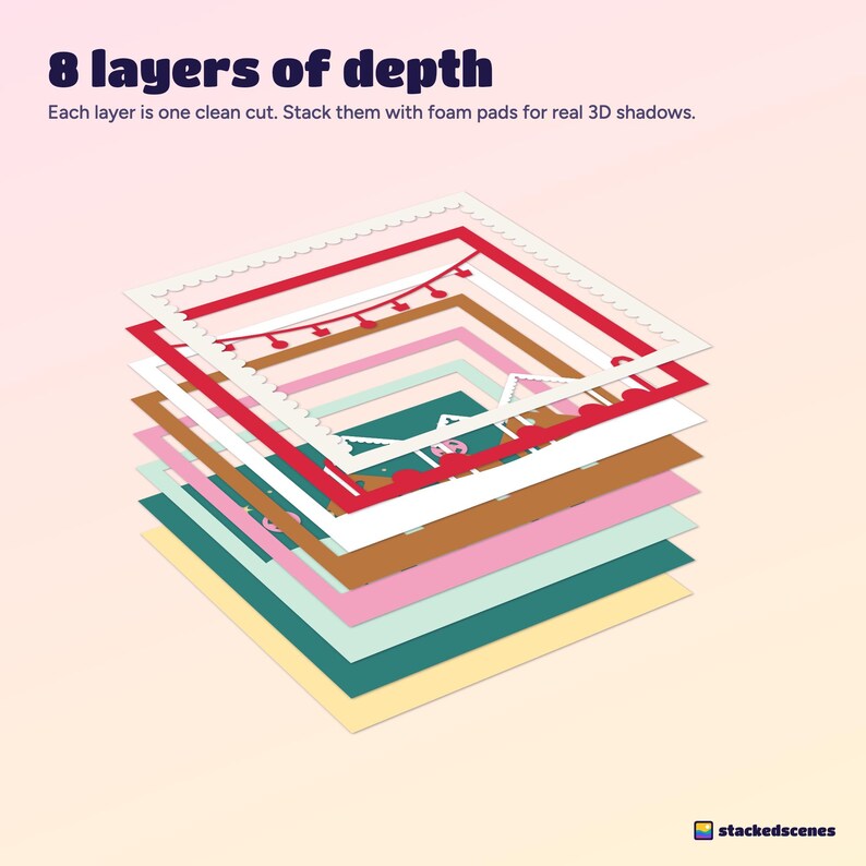 The eight cardstock layers of the Gingerbread Lane shadow box fanned out in 3D, from the buttercream backing to the scalloped front frame.