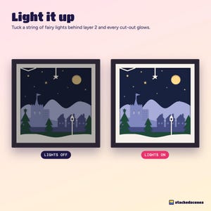 Side-by-side of the Winter Glen shadow box with the lights off and with fairy lights on, showing the moon and stars glowing.
