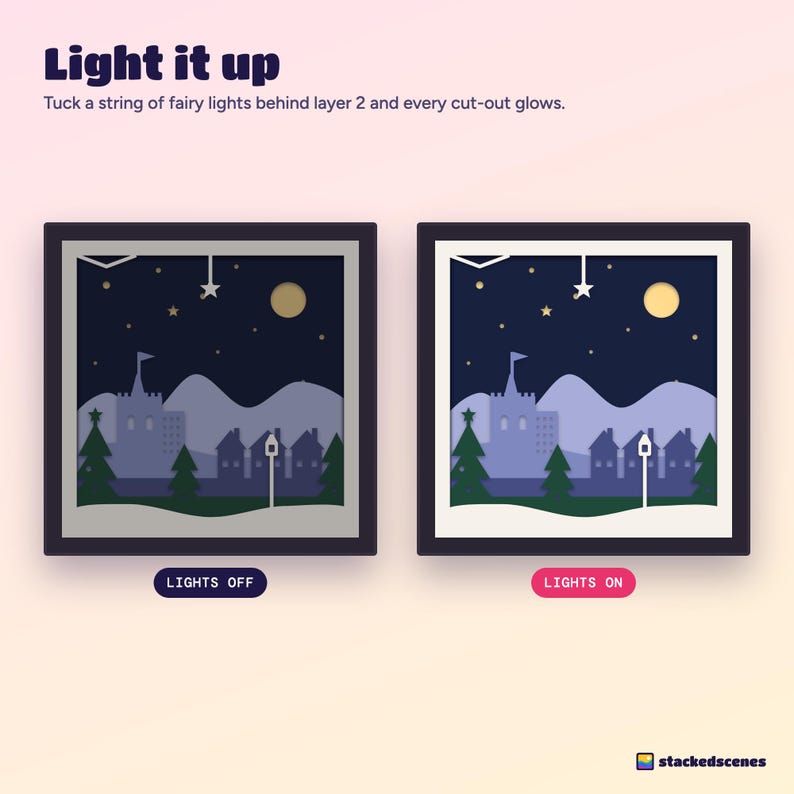 Side-by-side of the Winter Glen shadow box with the lights off and with fairy lights on, showing the moon and stars glowing.