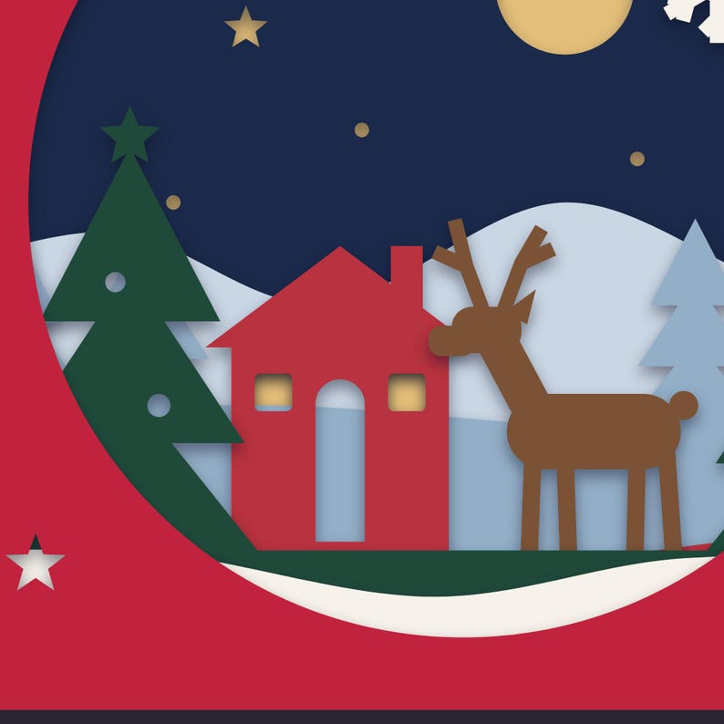 Close-up of the red cabin with glowing windows and the reindeer, showing the depth between the paper layers.