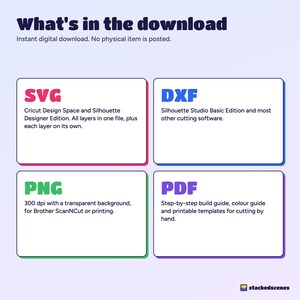 What's in the download: SVG for Cricut Design Space, DXF for Silhouette Basic, 300 dpi PNG, and PDF build guide and templates.