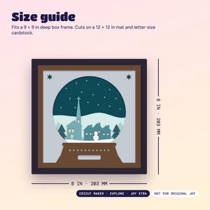 Size guide: the design is 8 x 8 inches (203 mm) and fits a 9 x 9 inch deep box frame. Works on Cricut Maker, Explore and Joy Xtra.