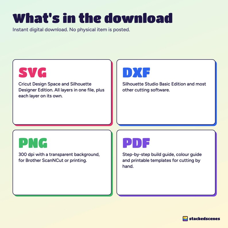 What's in the download: SVG for Cricut Design Space, DXF for Silhouette Basic, 300 dpi PNG, and PDF build guide and templates.