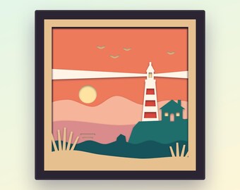Lighthouse Shadow Box SVG, 9 Layer 3D Papercut for Cricut, Scottish Coastal Sunset Light Box Cut File, Nautical Layered SVG