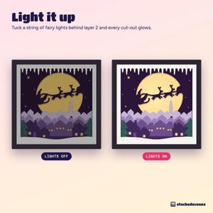 Side-by-side of the sleigh ride shadow box with the lights off and with fairy lights on, showing the moon and windows glowing.