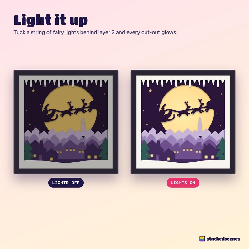 Side-by-side of the sleigh ride shadow box with the lights off and with fairy lights on, showing the moon and windows glowing.