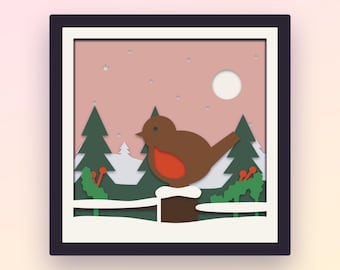 Robin Shadow Box SVG, 9 Layer 3D Papercut for Cricut, Christmas Robin Light Box Cut File, Winter Bird Holly Snow Scene