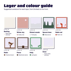 Layer and colour guide showing all nine layers with suggested cardstock, from pearl white and dusky rose to robin red and leaf green.