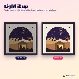 Side-by-side of the O Holy Night shadow box with the lights off and with fairy lights on, showing the star, its rays and the stable doorway glowing.