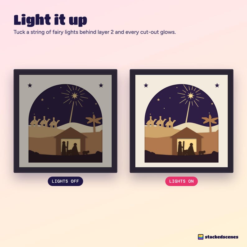 Side-by-side of the O Holy Night shadow box with the lights off and with fairy lights on, showing the star, its rays and the stable doorway glowing.