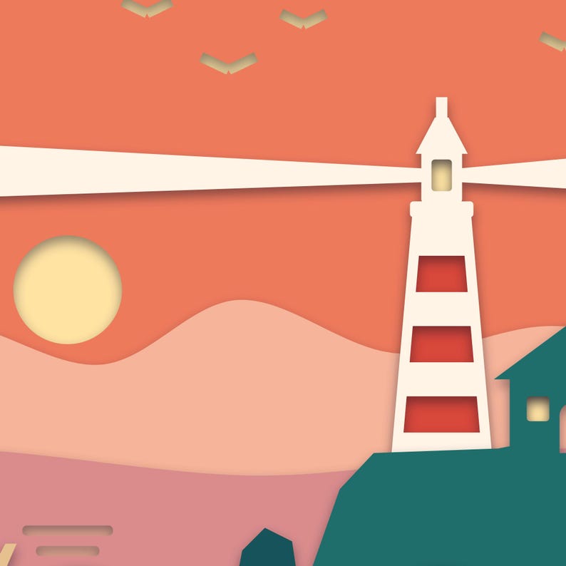 Close-up of the striped lighthouse tower, setting sun and cliffs showing the depth and shadows between the paper layers.