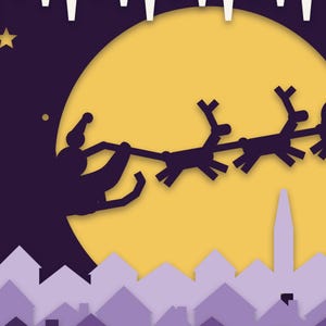 Close-up of the layered rooftops, church spire and glowing cottage windows under the gold moon.