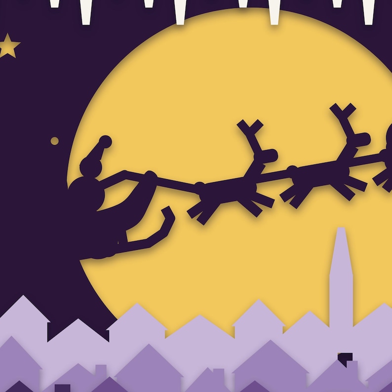 Close-up of the layered rooftops, church spire and glowing cottage windows under the gold moon.