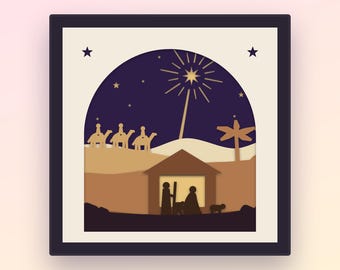 Nativity Shadow Box SVG, 9 Layer 3D Papercut for Cricut, O Holy Night Christmas Light Box, Stable Star Three Wise Men Cut File