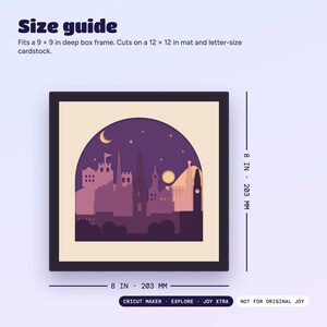 Size guide: the design is 8 x 8 inches (203 mm) and fits a 9 x 9 inch deep box frame. Works on Cricut Maker, Explore and Joy Xtra.
