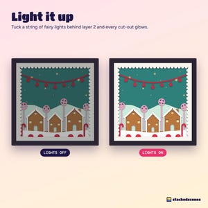 Side-by-side of the Gingerbread Lane shadow box with the lights off and with fairy lights on, showing the windows glowing.
