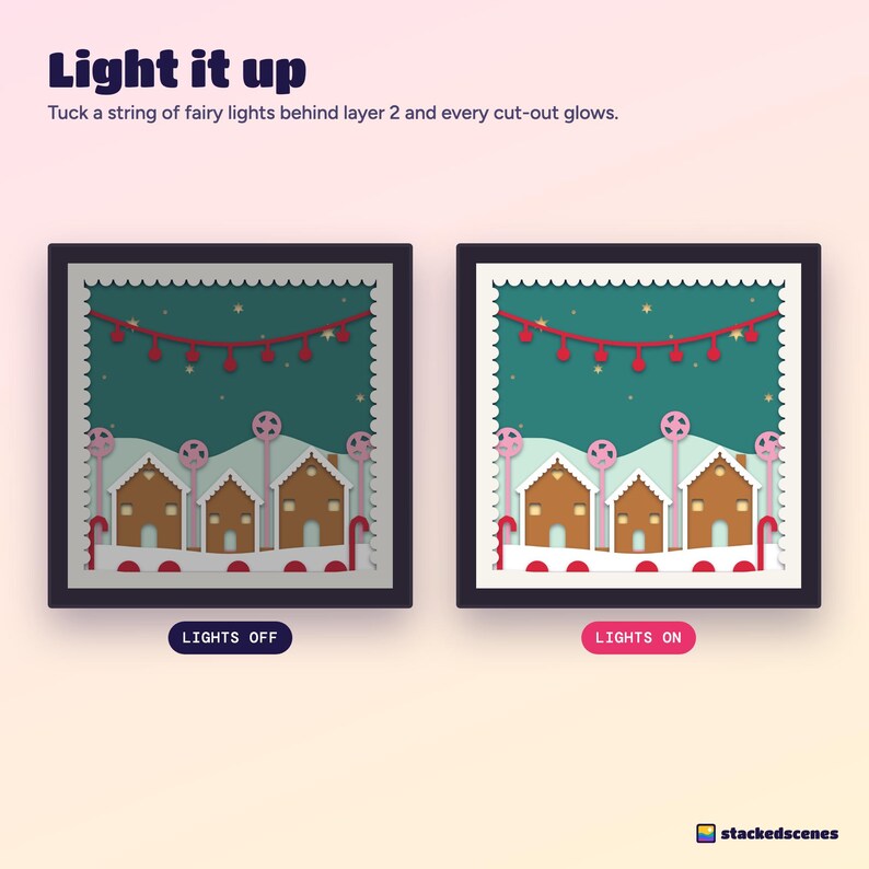 Side-by-side of the Gingerbread Lane shadow box with the lights off and with fairy lights on, showing the windows glowing.