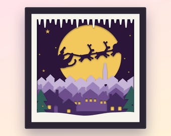 Santa Sleigh Shadow Box SVG, 8 Layer 3D Papercut for Cricut, Christmas Moon Reindeer Light Box Cut File, Snowy Rooftops Scene