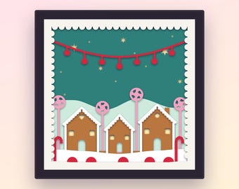 Gingerbread House Shadow Box SVG, 8 Layer 3D Papercut for Cricut, Christmas Candy Village Light Box Cut File, Candy Cane Lollipop