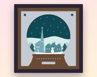 Snow Globe Shadow Box SVG, 10 Layer 3D Papercut for Cricut, Christmas Village Light Box, Winter Church Snowman Cut File